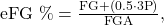 \text{eFG \%} = \frac{\text{FG}+(0.5 \cdot \text{3P})}{\text{FGA}},